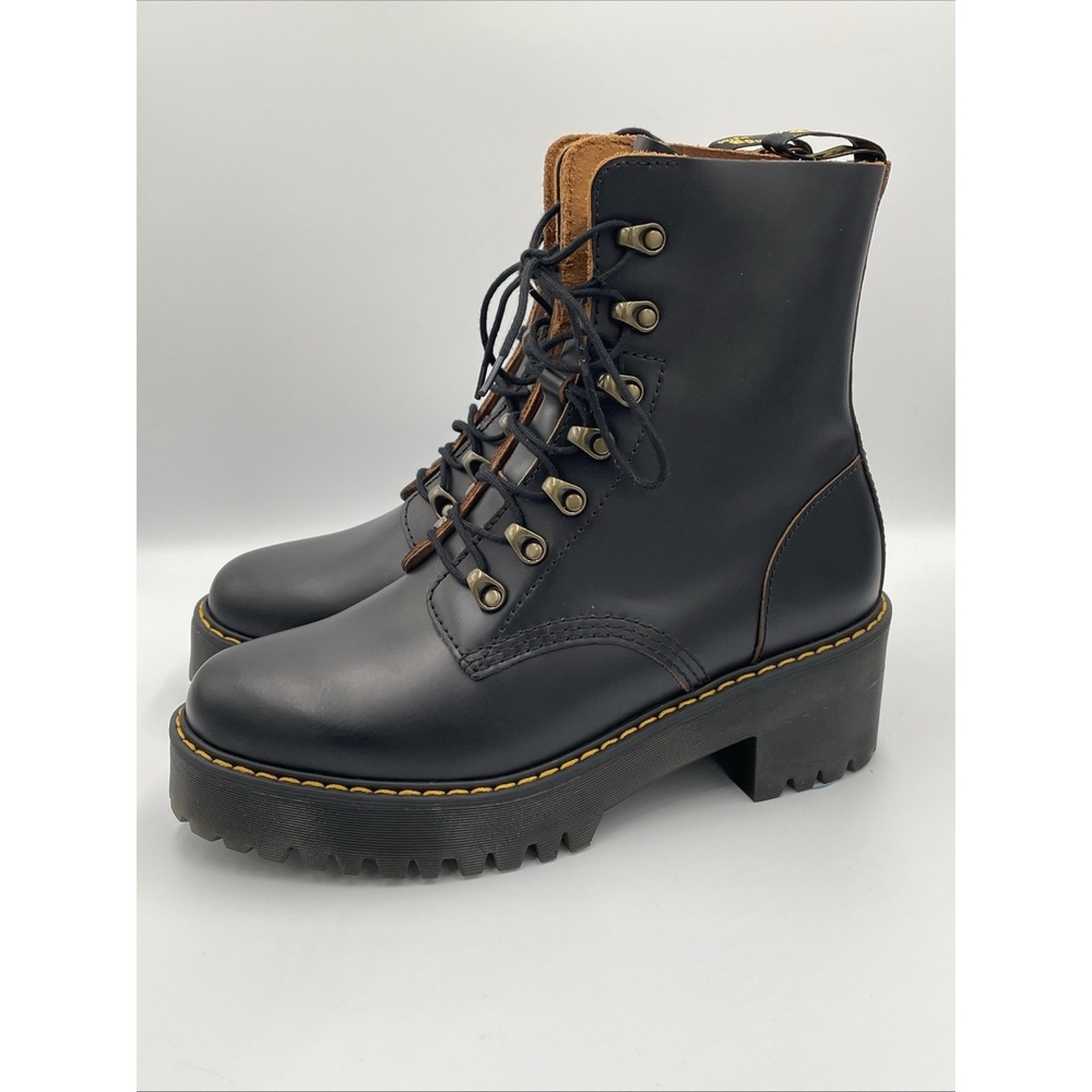 Dr. Martens Black Lace-Up Platform Boots with Brown Collar and Yellow Stitching